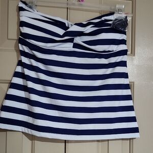 Striped Navy And White Swim Top And White Bottoms